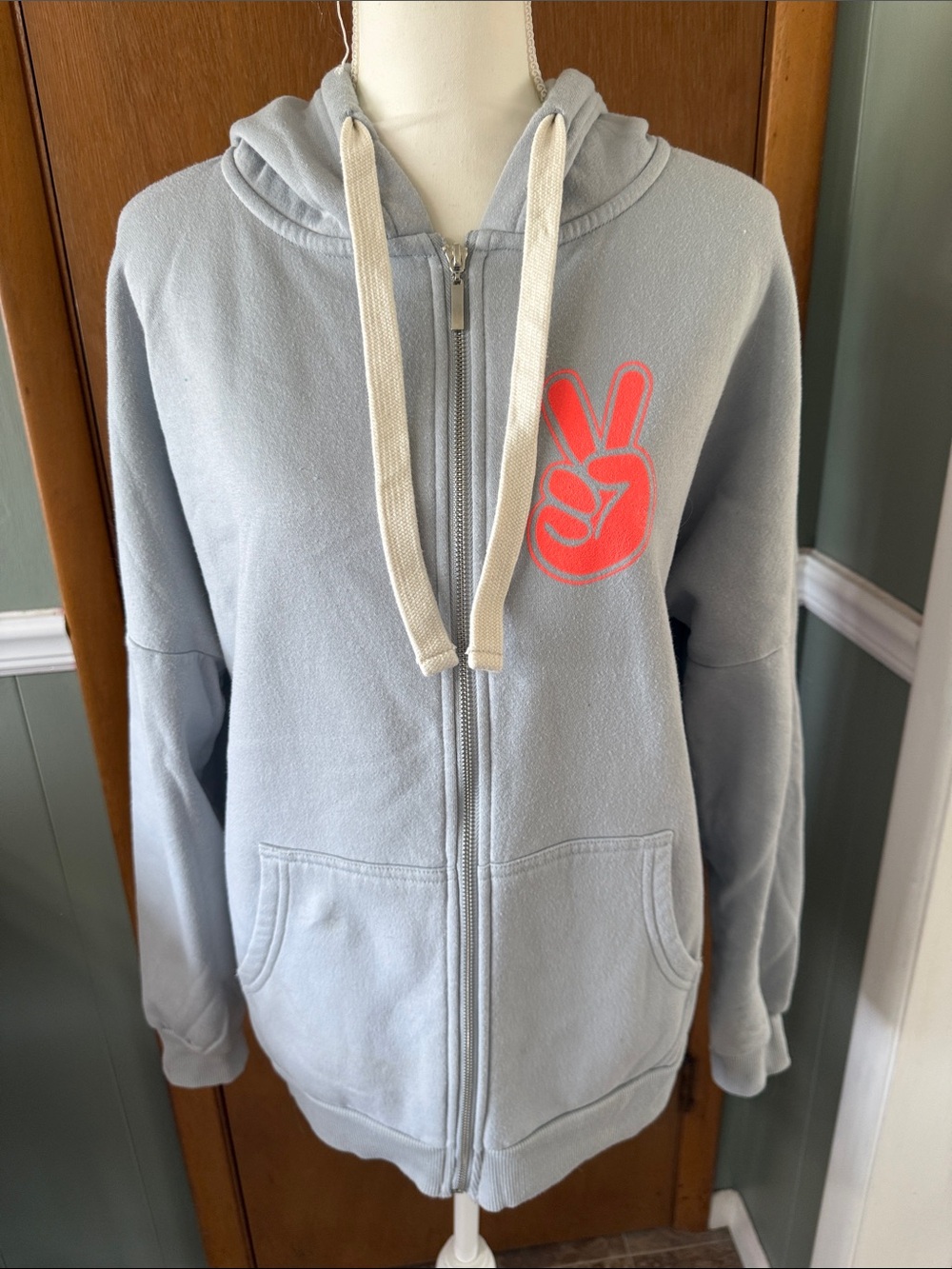 Zenana Light Gray Zip-Up Hoodie with Coral Peace Hand Graphic Size L